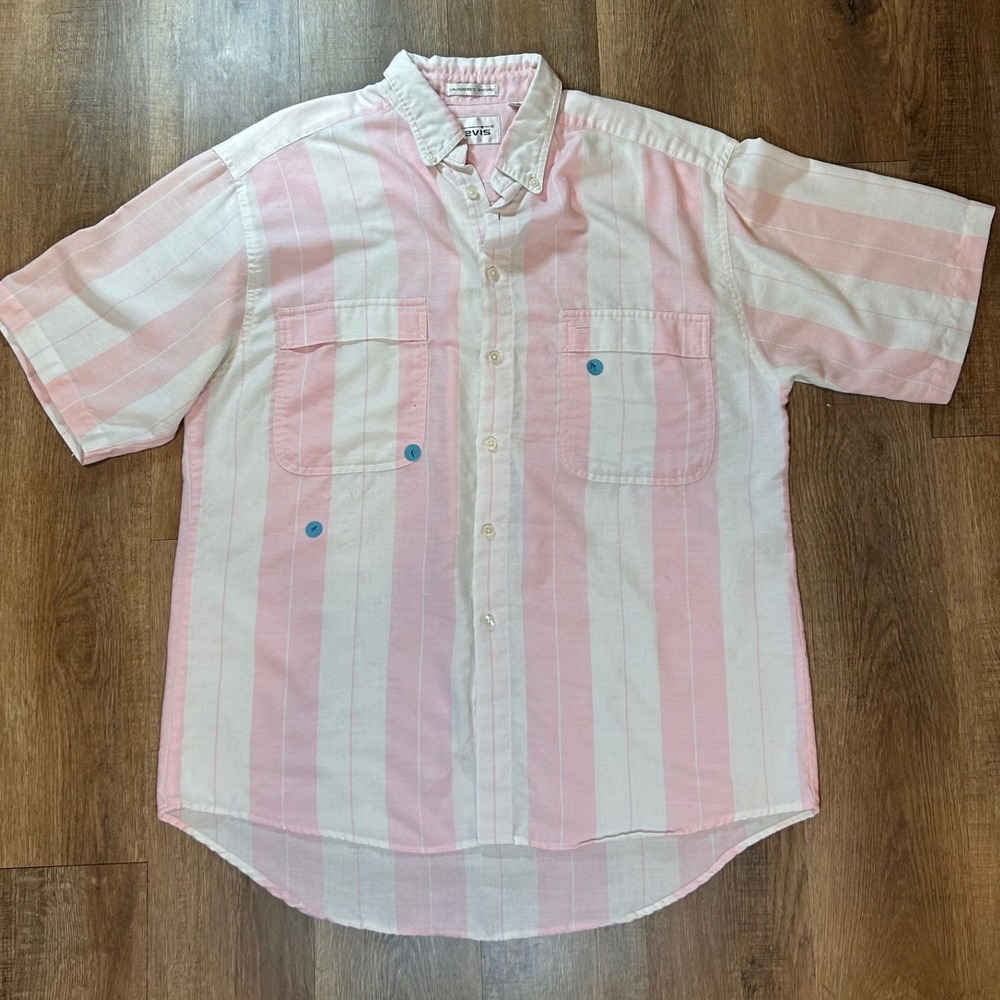 Vintage Levis Laundered Oxford Shirt Mens Large Pink White Stripe Made in USA